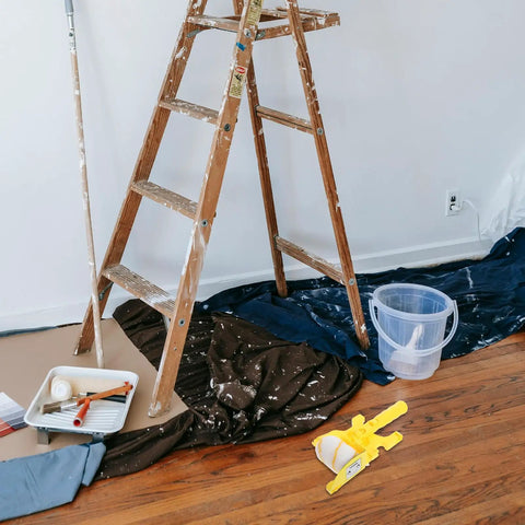 Slick Paint Edger Roller Brush Kit With Replaceable Pads For No Sweat Trimming Crisp Corner Detailing And A Darn Good Smooth Wall Finish That Does The Heavy Lifting Without The Mess, on paint prep site with ladder.