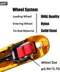 Workhorse Manual Pallet Jack With 6600 Lb Capacity And 48 Inch By 27 Inch Forks Yellow Hand Pallet Truck wheel system close-up