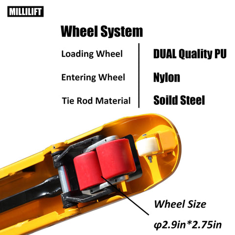 Workhorse Manual Pallet Jack With 6600 Lb Capacity And 48 Inch By 27 Inch Forks Yellow Hand Pallet Truck wheel system close-up