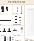 Package list for Slick 36 By 84 Inch Bi Fold Sliding Barn Door including hardware and hollow-core panels.