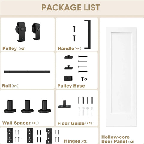 Package list for Slick 36 By 84 Inch Bi Fold Sliding Barn Door including hardware and hollow-core panels.