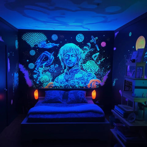 Room lit with Ultra Bright LED Black Light Bulb 10W UVA 385 400nm A19, glowing wall poster and decorative elements for parties.