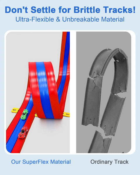 Comparison of Three Lane Flexible Race Track for Kids vs ordinary track highlighting flexibility and durability differences