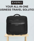 Front view of Your Go To Carry On Rolling Laptop Briefcase For 16 Inch Laptops, black trolley bag, 27L capacity, on display table
