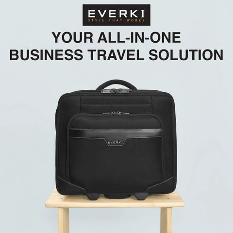 Front view of Your Go To Carry On Rolling Laptop Briefcase For 16 Inch Laptops, black trolley bag, 27L capacity, on display table