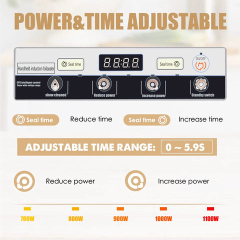 Adjustable settings panel of Heavy Duty Handheld Induction Sealer For Bottle Caps 20 To 100 Mm, 800W To 1200W display