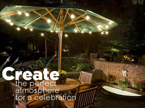 Solar String Lights Waterproof LED Indoor Outdoor Hanging Umbrella Lights With 25 Bulbs over patio seating area at night