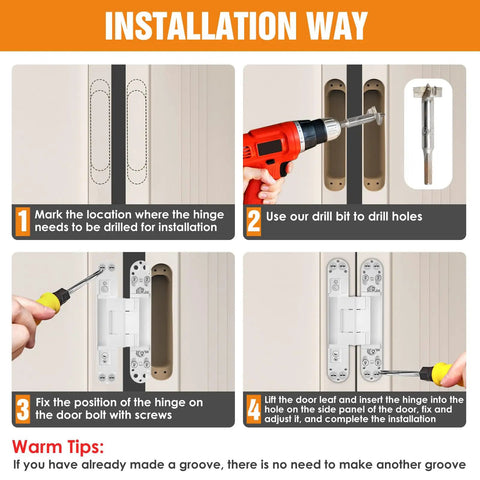 Installation steps for 6 Inch Hidden Door Hinges Concealed Invisible Joint Hardware for seamless door fitting.