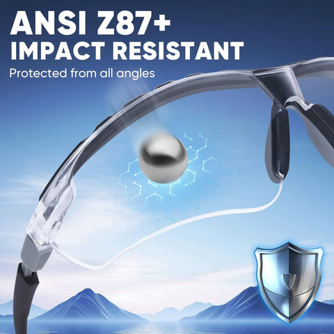 Anti Fog Safety Glasses For Men And Women, ANSI Z87.1 Approved, side view with impact resistance illustration, clear lenses