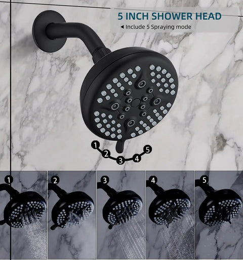 5-inch shower head of Shower System With Tub Spout, Rain Mixer Shower Set, Matte Black All In One Shower Faucet showing 5 spray modes