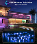 WiFi LED Light Strip Kit 65.6ft Waterproof IP65 illuminating modern house exterior at night with vibrant lighting, UL certified
