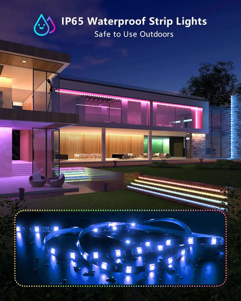 WiFi LED Light Strip Kit 65.6ft Waterproof IP65 illuminating modern house exterior at night with vibrant lighting, UL certified