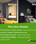Before and after comparison of All In One Paint And Primer Black Matte For Indoor And Outdoor Use One Coat Formula on bedroom wall.