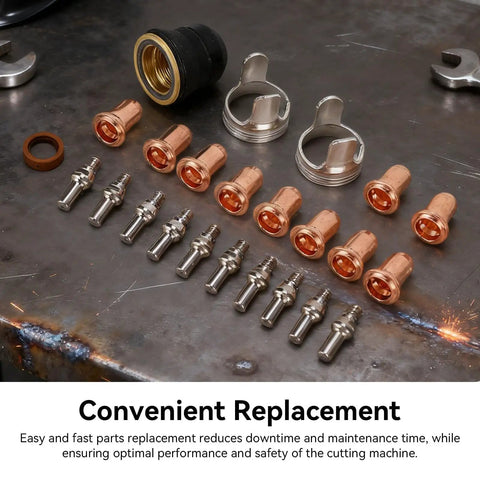 Plasma Cutting Torch Consumables Set With IPT40 Tips Electrodes Nozzle Bracket Covers For CUT 55DS Pro And CUT 65DS, parts displayed.