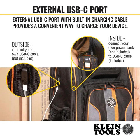 Workhorse 28 Pocket Laptop Tool Backpack For Tradesman Pro Extra Large Tech Gear with built-in USB-C charging port detail