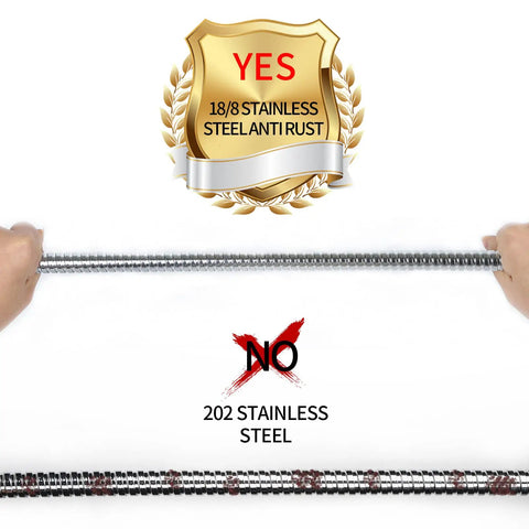 Hands stretching 59 Inch Stainless Steel Handheld Shower Hose with Brass Connectors and G1/2 Fittings, showing anti-rust feature.