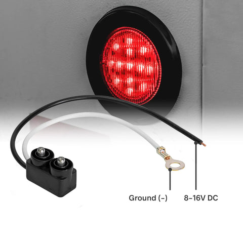 8pc 2.5 Inch Round LED Side Marker Light Kit 12V Amber And Red Waterproof IP67 Flush Mount Reflector Lens Grommet And Plugs DOT Approved For Boat Trailer Semi Truck RV, red light on gray surface with wiring detail