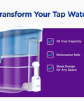 30 Cup Countertop Water Filter Dispenser With 2-In-1 Filtration, white and blue, with pull-down spout and dishwasher safe design