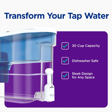 30 Cup Countertop Water Filter Dispenser With 2-In-1 Filtration, white and blue, with pull-down spout and dishwasher safe design