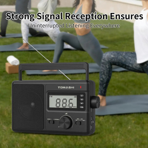Go-To Portable AM FM SW Radio With AC DC Power ATS Auto Scan LCD Clock Display USB And SD Card MP3 Player in outdoor setting