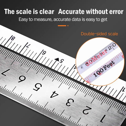 Long Fiberglass Tape Measure With Dual Face Inches And Millimeters For Construction On Job Sites, close-up 66 Feet and 20 Meters
