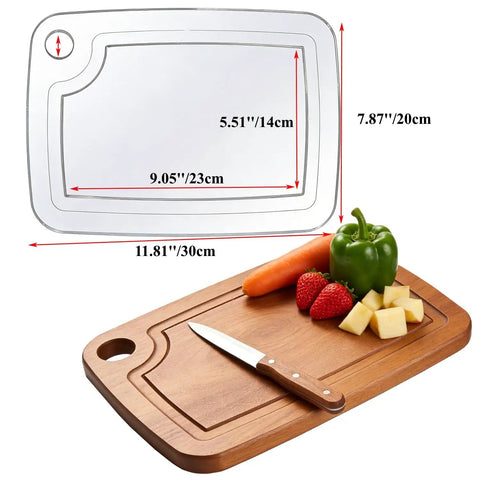 Premium Acrylic Two In One Cutting Board Router Template For Woodworking And Inlay Projects Laser Cut Quarter Inch Thick Guide with vegetables and knife.