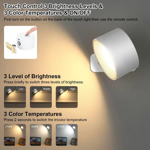 Cordless Rechargeable LED Wall Sconces 2 Pack With Magnetic Touch Dimmer and Remote 360 Degree Rotating Wall Lights
