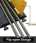 Flip-open design of 2 Pack 3 Channel Rubber Cable Ramp Protector For Indoor Outdoor Use Beefy Heavy Duty Ramp with yellow top open