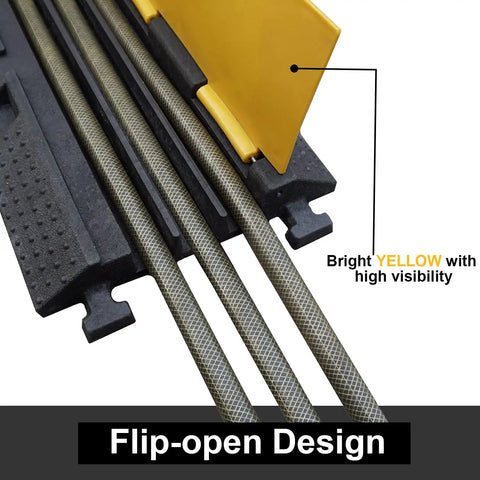 Flip-open design of 2 Pack 3 Channel Rubber Cable Ramp Protector For Indoor Outdoor Use Beefy Heavy Duty Ramp with yellow top open