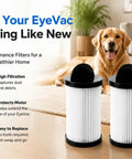 Top Tier Pre Motor Vacuum Filter Replacement EV PMF For Touchless Stationary Vacuum Cleaners Home Pro Pet Air Two Pack on floor with dog.