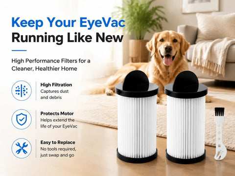 Top Tier Pre Motor Vacuum Filter Replacement EV PMF For Touchless Stationary Vacuum Cleaners Home Pro Pet Air Two Pack on floor with dog.