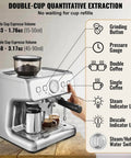 Semi Automatic Espresso Machine With Built In Conical Burr Grinder showing functions and brewing options, including pressure gauge and controls.