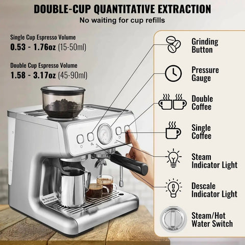 Semi Automatic Espresso Machine With Built In Conical Burr Grinder showing functions and brewing options, including pressure gauge and controls.