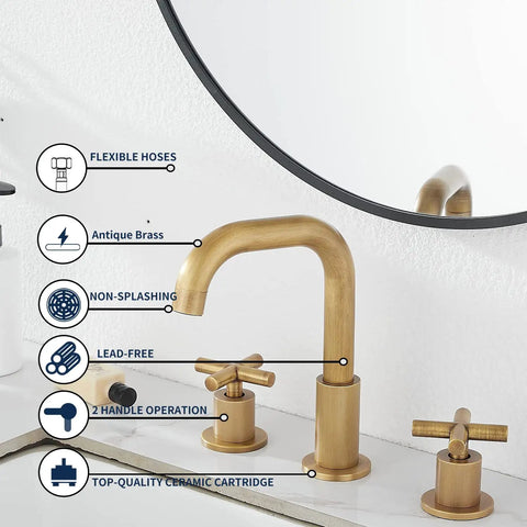 Antique Brass Two Handle Widespread Bathroom Faucet with 3 Holes and 360 Degree Swivel Spout Pop Up Drain Cold and Hot Water Mixer