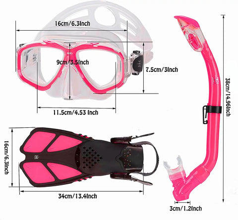Kid Friendly Snorkel Set With Dry Top Snorkel, Adjustable Fins, Goggles, Mask And Bag For Ages 5 To 14, Anti Leak Gear For Easy Breathing, Safe Water Fun shown in measured dimensions
