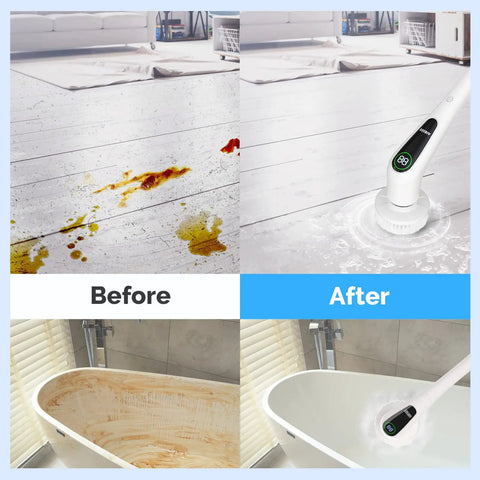 Before and after cleaning with Electric Spin Scrubber With 2 Speed Settings 4 Adjustable Handles 9 Replaceable Brushes LED Screen.