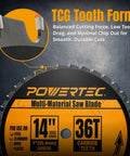 Multi Material 14 Inch Cold Saw Blade With 1 Inch Arbor, 36 Tooth TCG Cemented Carbide Teeth For Aluminum Steel Iron Plastic and Wood, 1600 Max RPM For Tough Worksite Cuts Every Time