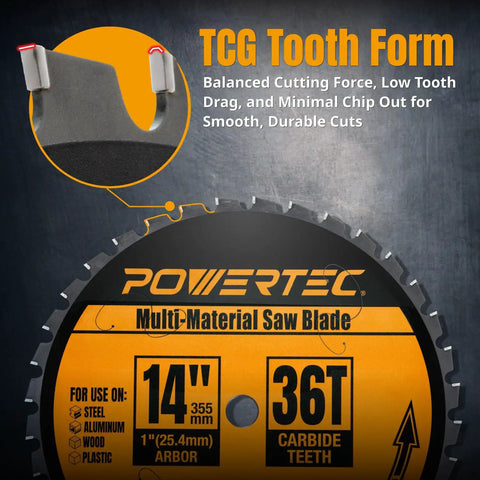 Multi Material 14 Inch Cold Saw Blade With 1 Inch Arbor, 36 Tooth TCG Cemented Carbide Teeth For Aluminum Steel Iron Plastic and Wood, 1600 Max RPM For Tough Worksite Cuts Every Time
