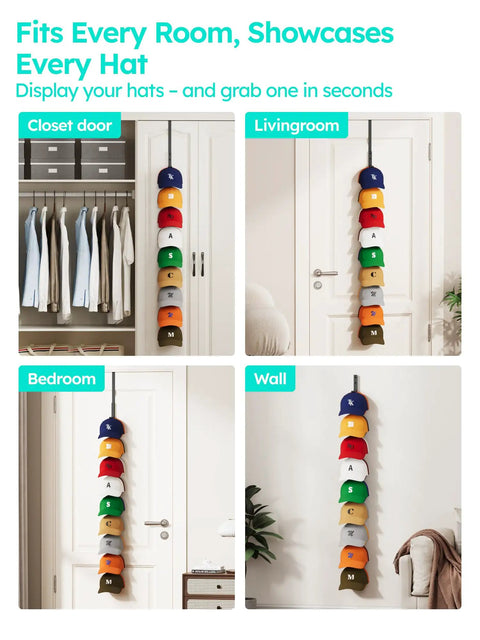Heavy Duty Metal Hat Organizer For Baseball Caps Over The Door Cap Rack holds eighteen hats displayed on closet, bedroom, and wall.