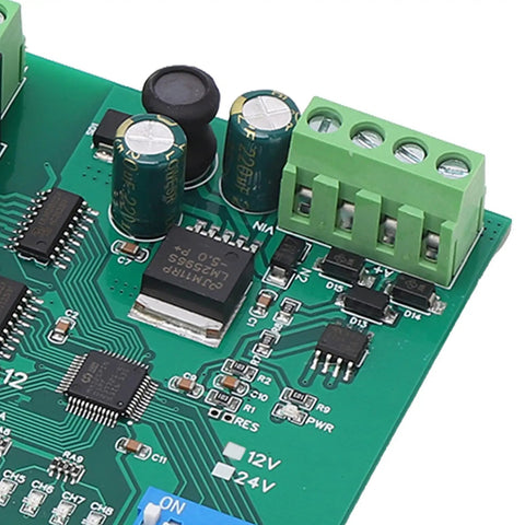 Close-up of 12 Channel Relay Module With Protection And Optically Isolated Inputs, hardware reset, green PCB, industrial use, 12V