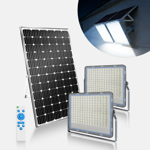 Two Pack 300W Solar Flood Lights Outdoor Security Lamps With 24,000 Lumens LED, IP67 Waterproof Dusk To Dawn, Remote Control