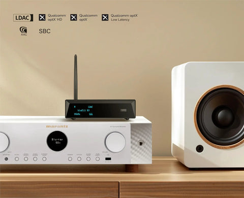 XLR Bluetooth Receiver V5.1 with LDAC and aptX HD next to audio equipment and speaker on wooden shelf.