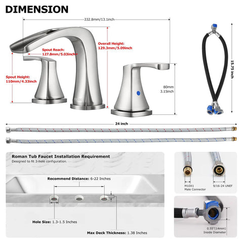 Dimensions and components of Two Handle Widespread Waterfall Roman Bathtub Faucet With Valve In Brushed Nickel Tub Filler
