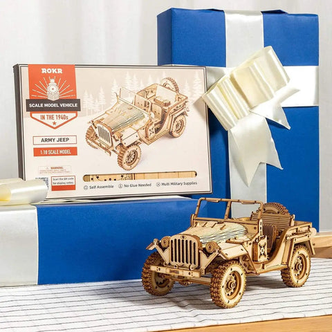 One Eighteen Scale Mechanical Car Puzzle Kit for Adults, DIY Wooden Model Vehicle Kit, Brain Teaser Toy, Perfect Gift for Guys and Gals on Birthday or Christmas; 1:18 scale wooden army jeep