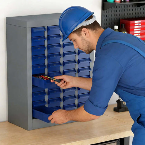 Worker using 40 Drawer Bolt Bin Organizer Cabinet With Metal Body And ABS Drawers For Nuts Bolts Screws And Small Hardware
