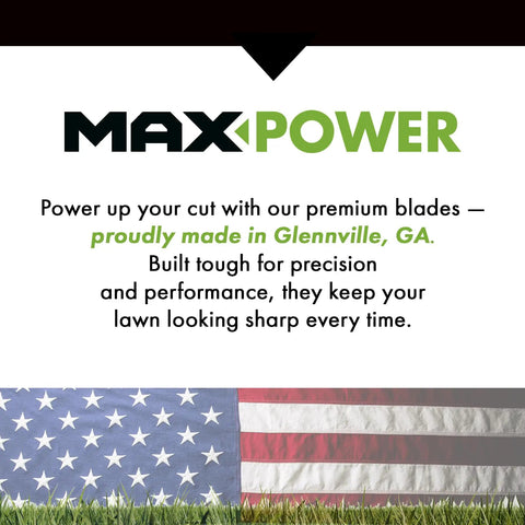 MaxPower branding with American flag, highlighting blades made in Glennville, GA for precision and performance.