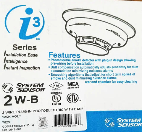 I3 Series 2 Wire Photoelectric Smoke Detector With Red LED Indicator, 12/24 VDC Power on product packaging