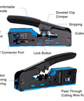 All In One Pass Through Ethernet Crimp Tool For CAT7 CAT6A CAT6 CAT5E CAT5 With RJ45 RJ11 RJ12 Compatibility showing ergonomic design and features