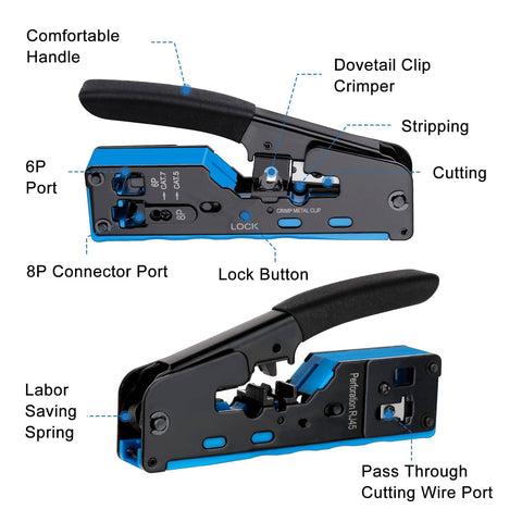 All In One Pass Through Ethernet Crimp Tool For CAT7 CAT6A CAT6 CAT5E CAT5 With RJ45 RJ11 RJ12 Compatibility showing ergonomic design and features