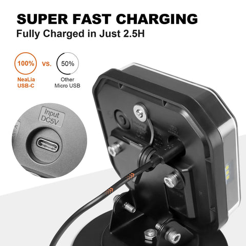 NeaLia wireless trailer light close-up showing USB-C input on black magnetic housing